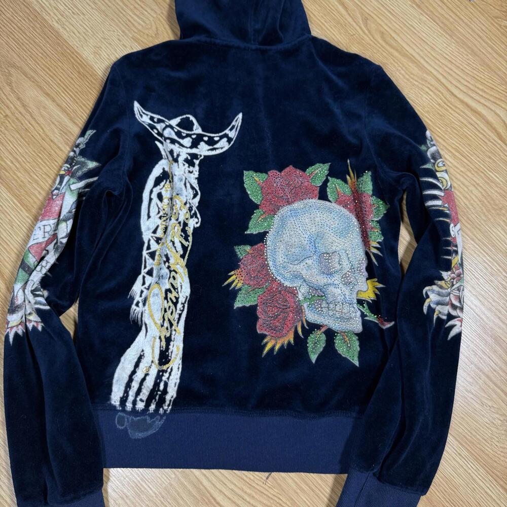Ed Hardy Women's Black Velvour Zip-Up Hoodie with Tattoo Embroidery - Picture 8 of 9